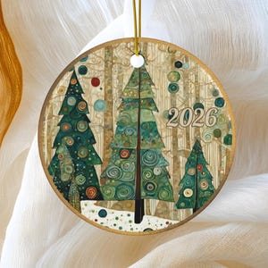 2026 Christmas Ornament, Dated Christmas Tree Baubles, Ceramic Ornament, Klimt-inspired Family Gift Stocking Stuffers
