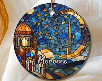 Morocco Ornament, Faux Stained Glass Ornament, Africa Travel GIft, Family Vacation Trip, Keepsake Heirloom Souvenir Ceramic