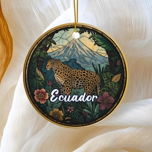 Ecuador Ornament, Rainforest Jungle Wildlife Jaguar Christmas Tree Decoration, Holiday Gift Idea, Heirloom Keepsake, Round Ceramic