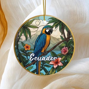 Ecuador Ornament, Rainforest Jungle Wildlife Parrot Christmas Tree Decoration, Holiday Gift Idea, Heirloom Keepsake, Round Ceramic