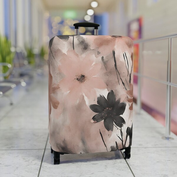 Modern Daisy Floral Blush Pink Gray Luggage Cover, Womens Travel Gift, Unique Stylish Suitcase Protector
