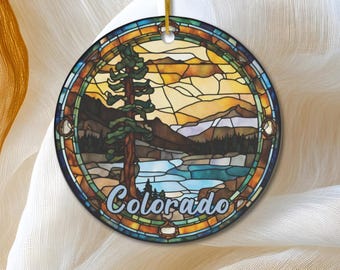 Colorado Ornament, Faux Stained Glass Ornament, Mountain Ornament, Vacation Trip, Travel Gift, Keepsake Heirloom Ceramic