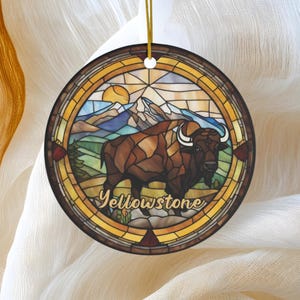 Yellowstone Ornament, Faux Stained Glass Ornament, Buffal Bison Gift, Family Vacation Trip, Travel Gift, Keepsake Heirloom Ceramic