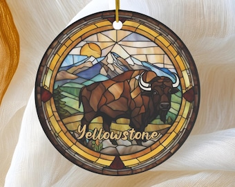 Yellowstone Ornament, Faux Stained Glass Ornament, Buffal Bison Gift, Family Vacation Trip, Travel Gift, Keepsake Heirloom Ceramic