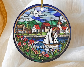 Norway Ornament, Faux Stained Ornament, Vacation Gift, Ceramic Christmas Tree Ornament, Honeymoon Vacay Travel GIft Keepsake