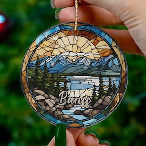 Banff Ornament, Faux Stained Glass Ornament, Canada National Park Gift, Holiday Gift Idea, Heirloom Keepsake, Round Ceramic, Decor