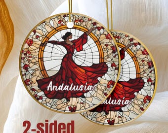 2-Sided Andalusia Ornament, Spain Travel Gift, Flamenco Dancer, Faux Stained Glass Keepsake, Christmas Tree Ornament