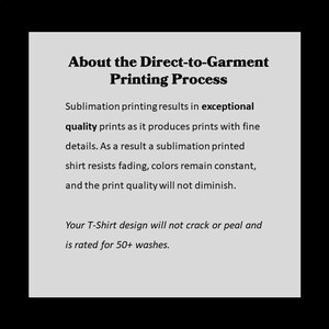 May include: Text explaining the direct-to-garment printing process. It describes the process as resulting in high-quality prints with fine details that resist fading and are rated for 50+ washes.