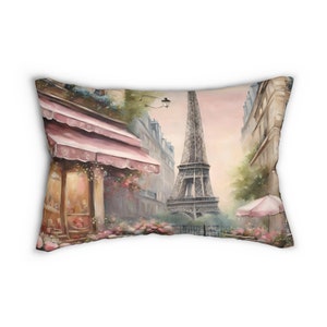 Elegant Chic Paris Lumbar Pillow, Blush Pink Eiffel Tower France Decor, Souvenir Travel Gifts, Spun Polyester Throw Pillow