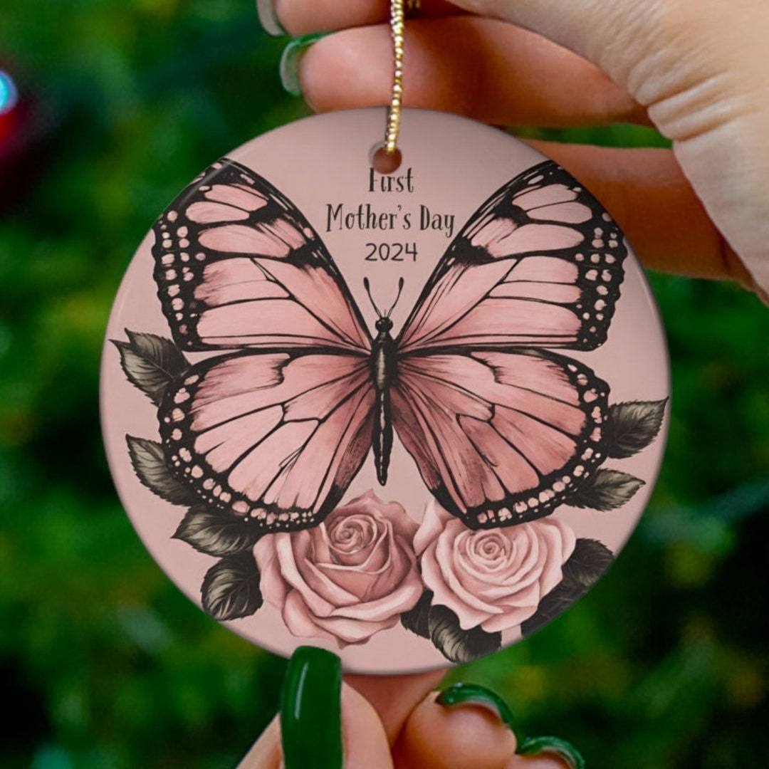 Rose Pink Butterfly Mothers Day 2024 Ornament, Vintagestyle Rose Mauve