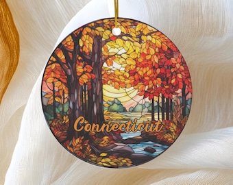 Connecticut Ornament, Beautiful Autumn Faux Stained Glass, Round Ceramic Keepsake Souvenir Gift