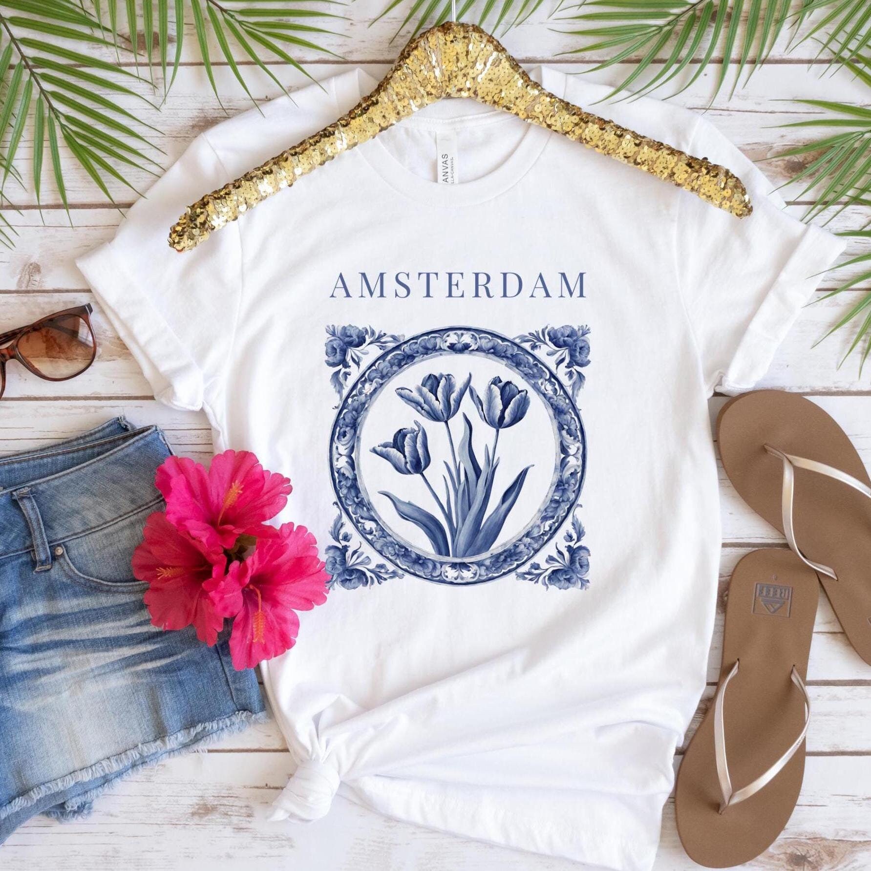Amsterdam Shirt, Cute Travel Gift, Netherlands T Shirt, Blue Tulips Amsterdam Gift for Her, Souvenir Keepsake Tee Top