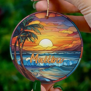 Malibu Ornament, Faux Stained Glass Christmas Decoration, Holiday Gift Idea, Heirloom Keepsake, Round Ceramic, Gift Idea, Gift Exchange