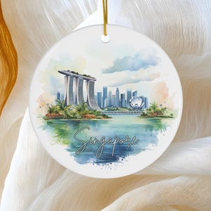 Singapore Skyline Ornament, Watercolor Vacation Gift, Ceramic Christmas Tree Ornament, Honeymoon Vacay Travel Gift