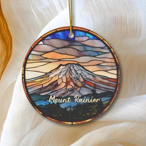 Mount Rainier Ornament, Faux Stained Glass Vacation Gift, Ceramic Christmas Tree Ornament, Honeymoon Vacay Travel Gift