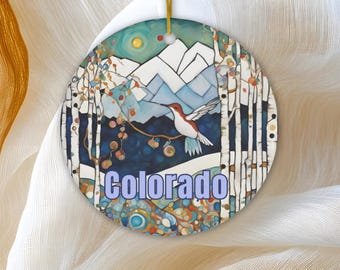 Colorado Christmas Tree Mountain Hummingbird, Ceramic Ornament, Family Vacation Gift Stocking Stuffers