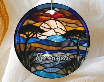 Tanzania Serengeti Ornament, Christmas Ornament Gift, Faux Stained Glass Keepsake, Travel Gifts, Family Trip