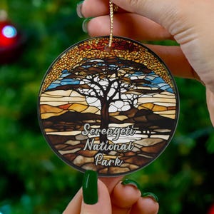 Serengeti National Park Ornament, Christmas Ornament Gift, Faux Stained Glass Keepsake, Tanzania Travel Gifts, Family Trip