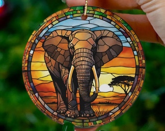 Adorno de elefante, vidrieras falsas, regalo de safari de vacaciones en África, adorno de árbol de Navidad de cerámica, regalo de viaje de vacaciones de luna de miel