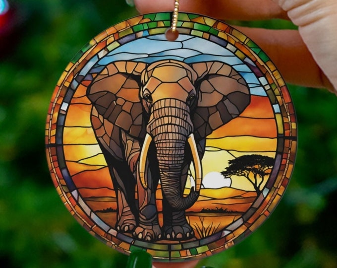 Elephant Ornament, Faux Stained Glass, Vacation Africa Safari Gift, Ceramic Christmas Tree Ornament, Honeymoon Vacay Travel Gift