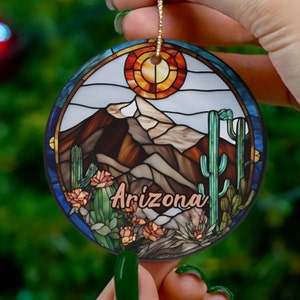 Arizona Ornament, Travel Gift, Faux Stained Glass Mountain Sun Cactus Keepsake Souvenir