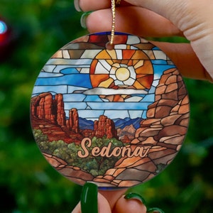 Sedona Ornament, Faux Stained Glass Ornament, Vacation Gift, Ceramic Christmas Tree Ornament, Arizona Honeymoon Vacay Travel Gift