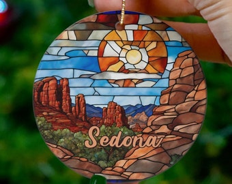 Sedona Ornament, Faux Stained Glass Ornament, Vacation Gift, Ceramic Christmas Tree Ornament, Arizona Honeymoon Vacay Travel Gift