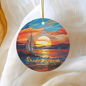 Rhode Island Ornament, Beautiful Sunset Sailboat Faux Stained Glass, Round Ceramic Keepsake Souvenir Gift, Sailing Gift for Christmas Tree