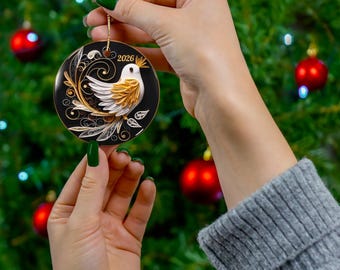 2025 Christmas Ornament, Golden Christmas Bird Bauble, Tree Ornament, Holiday Gift, Ceramic Round Ornament, Dated Ornament