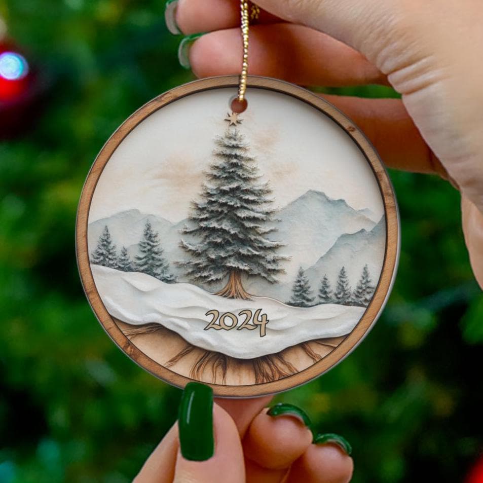 2024 Christmas Ornament, Beautiful Rustic Mountain Christmas Tree Snowy Winter Keepsake Ornament