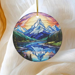 Wyoming Ornament, Mountain Christmas Tree Ornament, Faux Stained Glass Ceramic Round Ornament, Wyoming Christmas Gift