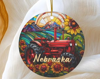 Nebraska Ornament, Faux Stained Glass Ornament, Travel Gift, Round Tractor Ceramic Heirloom Keepsake Gift