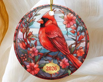 Christmas Ornament, 2026 Ornament, Dated Christmas Tree Ornament, Faux Stained Glass Cardinal Red Bird Keepsake Heirloom Gift