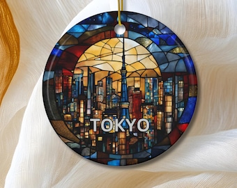 東京のオーナメント、ステンドグラス風オーナメント、日本旅行ギフト、家族旅行、記念品、家宝、お土産、陶器