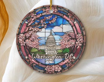 Adorno de Washington D.C., Adorno de vitral falso del Capitolio, Regalo de vacaciones, Adorno de árbol de Navidad de cerámica, Regalo de viaje para vacaciones familiares