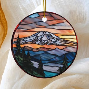 Mount Rainier Ornament, Faux Stained Glass Vacation Gift, Ceramic Christmas Tree Ornament, Honeymoon Vacay Travel Gift
