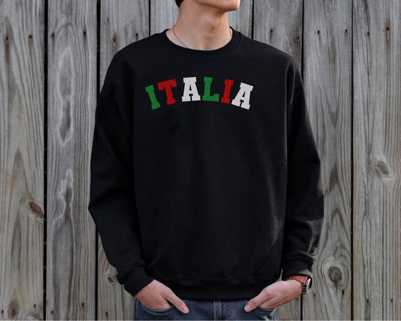 Italia Shirt with red green and white letters on a black sweatshirt