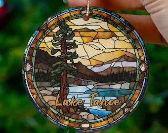 Lake Tahoe Ornament, Faux Stained Glass Ornament, Nevada California Gift, Family Vacation Trip, Travel Gift, Keepsake Heirloom Ceramic