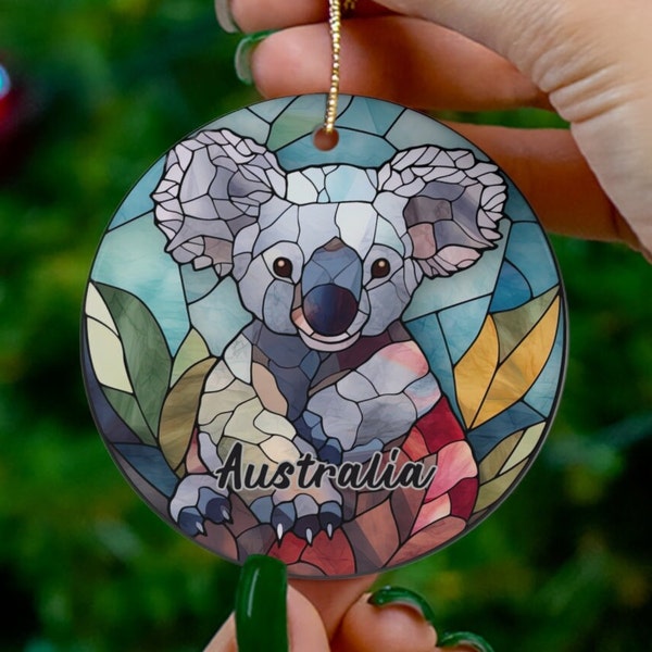 Australia Ornament, Faux Stained Glass Koala Bear Ornaments, Cute Heirloom Gift, Keepsake Souvenir, Round Ceramic Ornament,