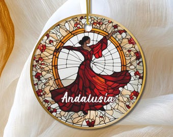 Andalusia Ornament, Spain Travel Gift, Flamenco Dancer, Faux Stained Glass Keepsake, Christmas Tree Ornament
