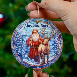 Joyeux Noel Ornament, Francuski Święty Mikołaj Jeleń Las Choinka Ozdoba, Świąteczna ozdoba, Sztuczne Witrażowe Szkło Ceramiczne Okrągła ozdoba, Prezent