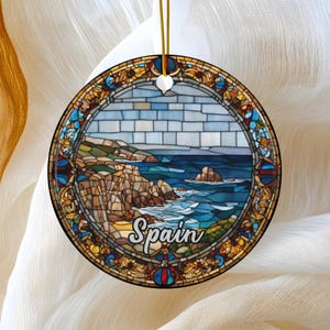 Spain Ornament, Faux Stained Glass Ornament, Travel GIft, Family Vacation Trip, Keepsake Heirloom Souvenir Ceramic