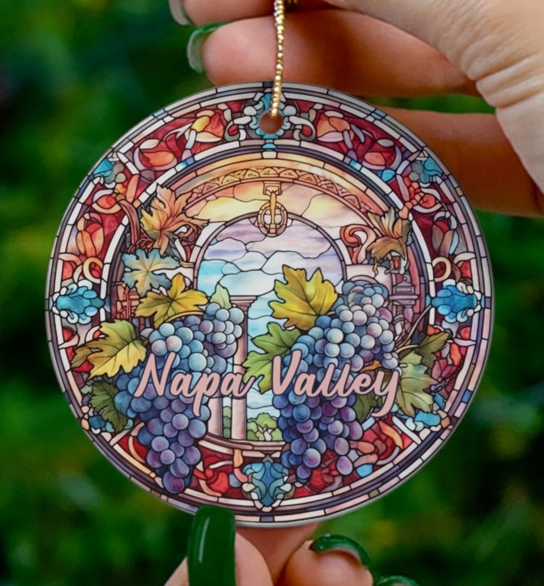 Napa Valley Ornament, Faux Stained Glass Ornament, Round Ceramic