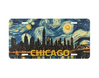 Chicago Vanity Plate, Chicago Souvenir Gift, Travel Gift, Large Metal License Plate, Van Gogh Sky Downtown Skyline