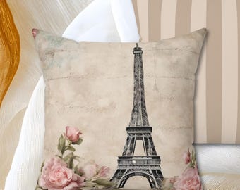 Elegant Chic Pillows, Eiffel Tower France Themed Blush Pink Decor, Souvenir Travel Gifts, Spun Polyester Square Pillow