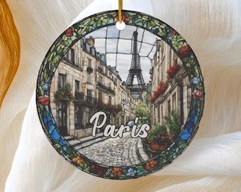 Paris Ornament, Faux Stained Ornament, Vacation Gift, Ceramic Christmas Tree Ornament, Honeymoon Vacay, France Travel GIft Keepsake