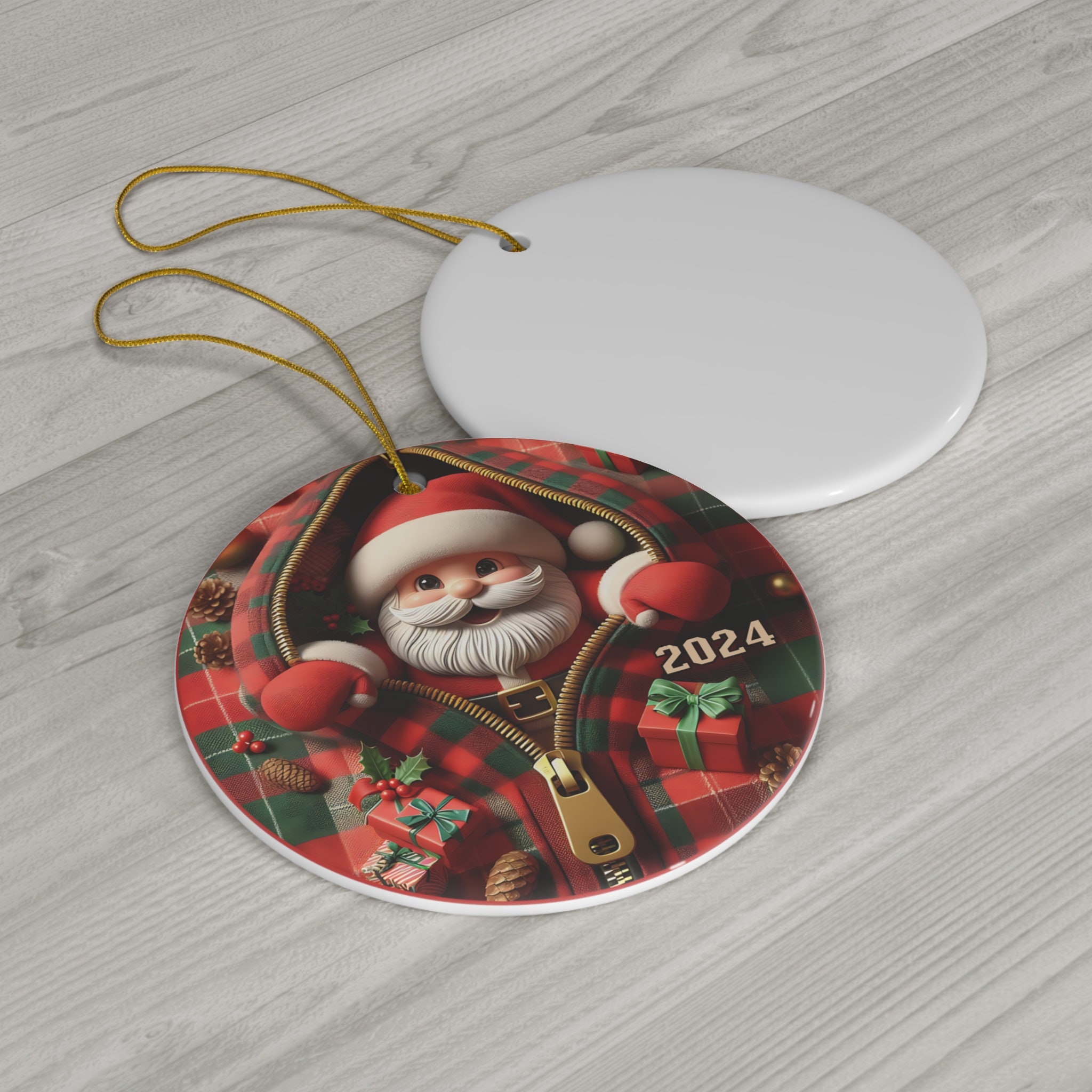 Christmas 2024 Ornament, Cute Flat Plaid Santa Claus Zipper