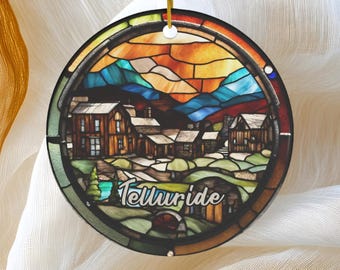 Telluride Ornament, Faux Stained Glass, Christmas Tree Ornament, Holiday Ornament, Vacation Keepsake Souvenir Gift, Ceramic Ornament