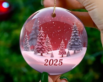 2025 Christmas Ornament, Flat Red Snowglobe Christmas Tree Ornament, Holiday Gift, Ceramic Round Ornament, Dated Ornament