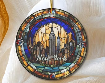 New York Ornament, Faux Stained Glass NYC Ornament, Vacation Gift, Ceramic Christmas Tree Ornament, Honeymoon Vacay Travel Gift